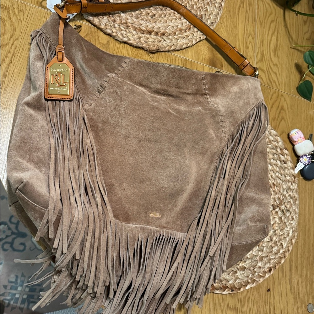 Ralph Lauren Taupe Suede Fringe Hobo Bag